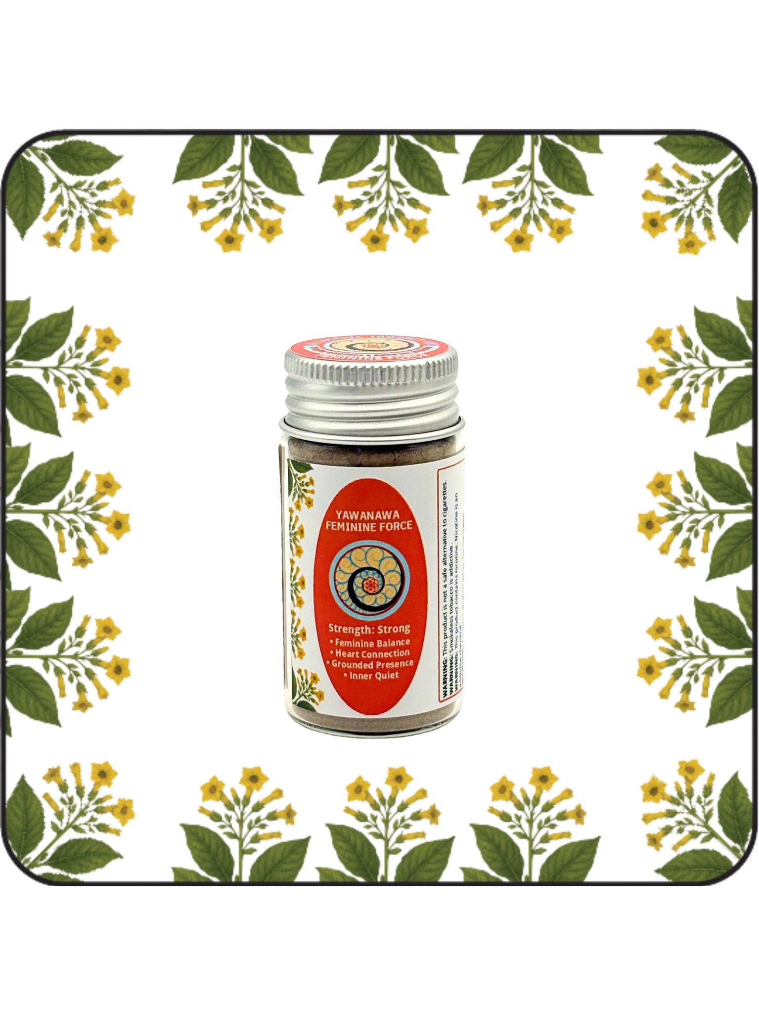 Yawanawa Feminine Force Hapé medium bottle on a white background with yellow flowering botanical border