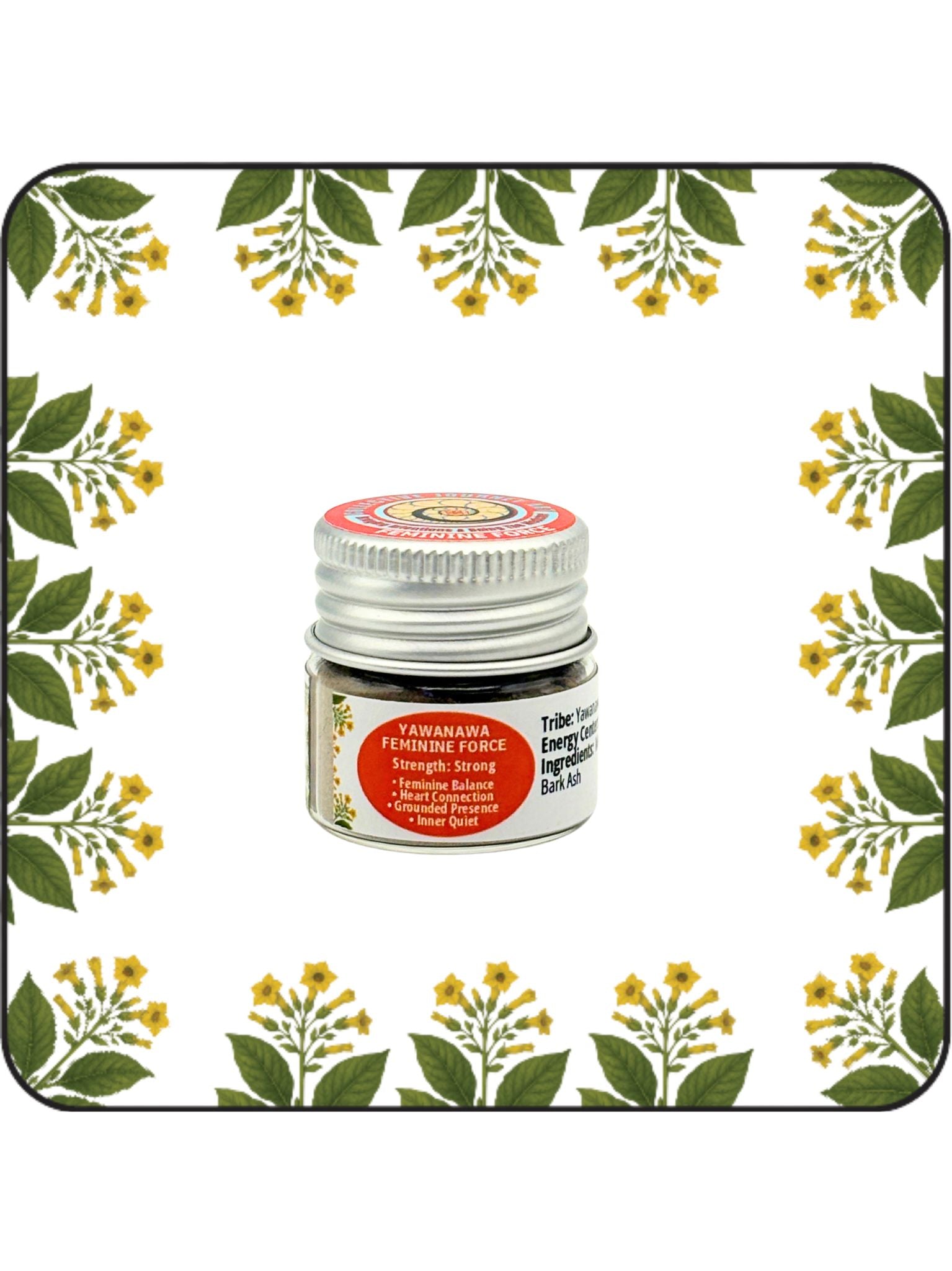 Yawanawa Feminine Force Hapé small jar on a white background with yellow flowering botanical border