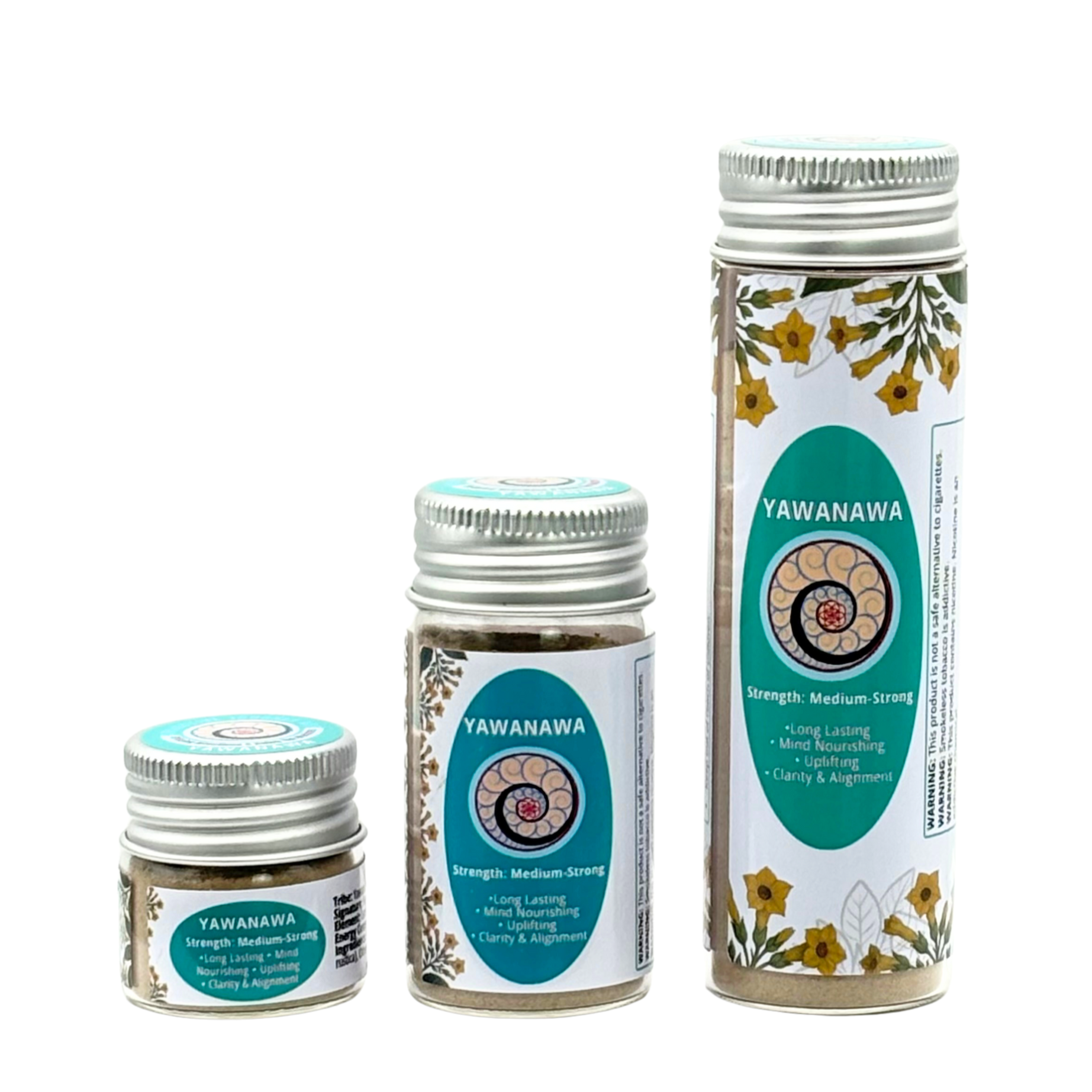 Three jars of Yawanawá Hapé or Rapé in Small (6g), Medium (16g), and Large (32g) sizes for mental nourishment and uplifting.