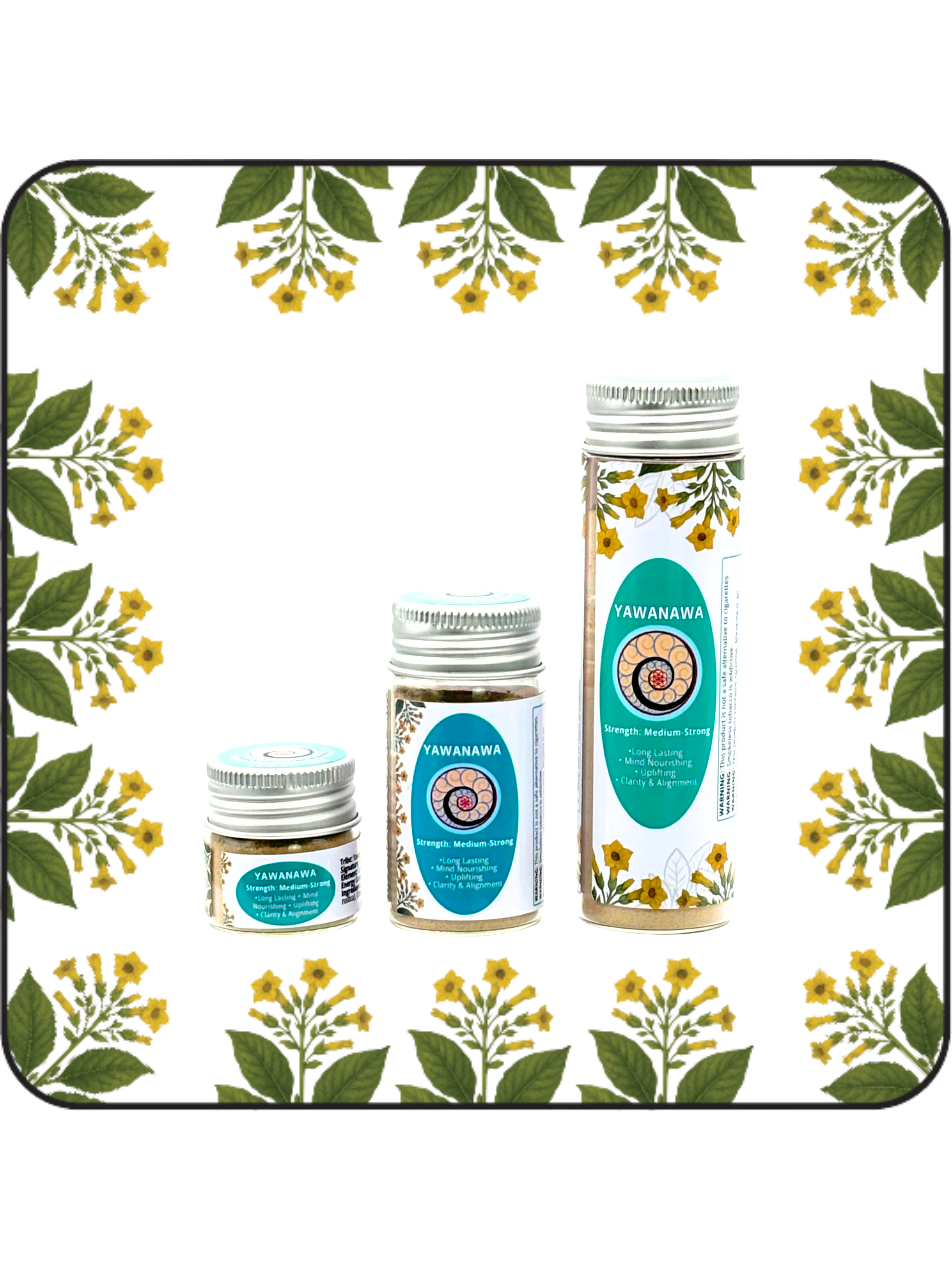 Three jars of Yawanawá Hapé or Rapé in Small (6g), Medium (16g), and Large (32g) sizes for mental nourishment and uplifting.