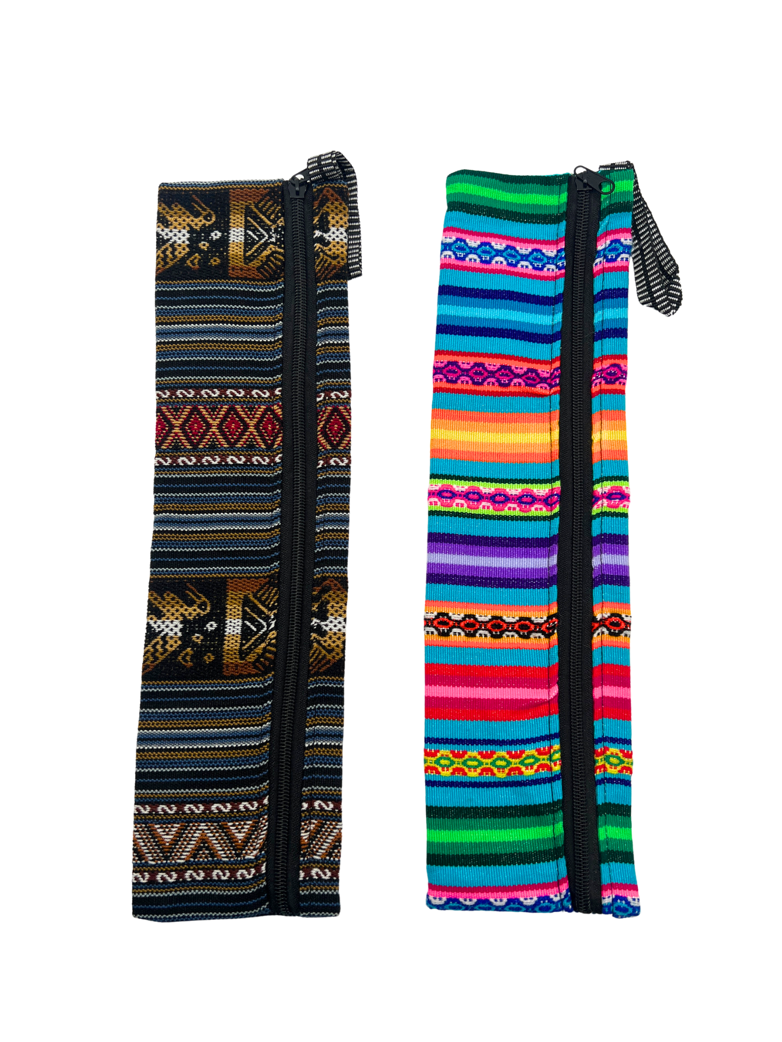 Handcrafted zippered Tepi soft cases by Collective Journey Art, made with colorful woven textiles for storing Tepis, Kuripes, Hapé blends, and ceremonial tools.